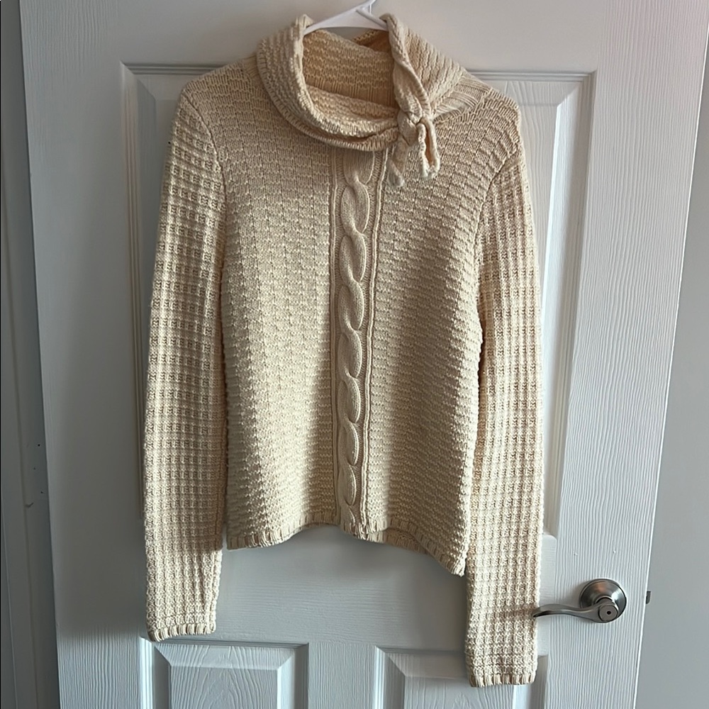 Jones New York Merino Wool Cream Cable Knit Chunky Sweater Cowl Neck Pullover M